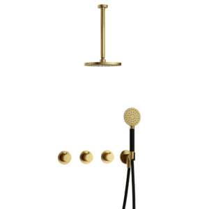 Hotbath Cobber IBS70 inbouw regendoucheset met ronde handdouche aan houder en 20cm ronde hoofddouche aan 30cm plafondarm geborsteld messing PVD - Loodgieter in hengelo
