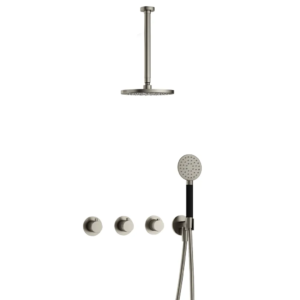 Hotbath Cobber IBS70 inbouw regendoucheset met ronde handdouche aan houder en 20cm ronde hoofddouche aan 30cm plafondarm geborsteld nikkel - Loodgieter in hengelo