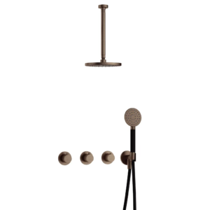 Hotbath Cobber IBS70 inbouw regendoucheset met ronde handdouche aan houder en 20cm ronde hoofddouche aan 30cm plafondarm verouderd messing - Loodgieter in hengelo