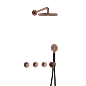Hotbath Cobber IBS70 inbouw regendoucheset met ronde handdouche aan houder en 20cm ronde hoofddouche aan 40cm wandarm geborsteld koper PVD - Loodgieter in hengelo