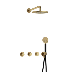 Hotbath Cobber IBS70 inbouw regendoucheset met ronde handdouche aan houder en 20cm ronde hoofddouche aan 40cm wandarm geborsteld messing - Loodgieter in hengelo