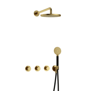 Hotbath Cobber IBS70 inbouw regendoucheset met ronde handdouche aan houder en 20cm ronde hoofddouche aan 40cm wandarm geborsteld messing PVD - Loodgieter in hengelo