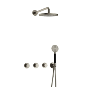 Hotbath Cobber IBS70 inbouw regendoucheset met ronde handdouche aan houder en 20cm ronde hoofddouche aan 40cm wandarm geborsteld nikkel - Loodgieter in hengelo