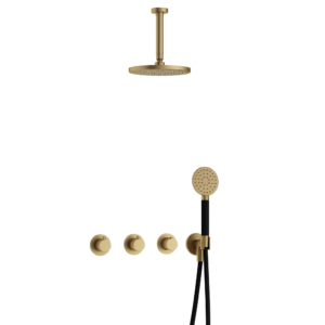 Hotbath Cobber IBS70 inbouw regendoucheset met ronde handdouche aan houder en 20cm ronde hoofddouche aan 15cm plafondarm geborsteld messing - Loodgieter in hengelo
