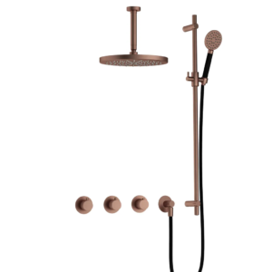 Hotbath Cobber IBS70 inbouw regendoucheset met ronde handdouche aan houder en 30cm ronde hoofddouche aan 15cm plafondarm geborsteld koper PVD - Loodgieter in hengelo