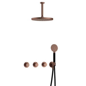 Hotbath Cobber IBS70 inbouw regendoucheset met ronde handdouche aan houder en 30cm ronde hoofddouche aan 15cm plafondarm geborsteld koper PVD - Loodgieter in hengelo