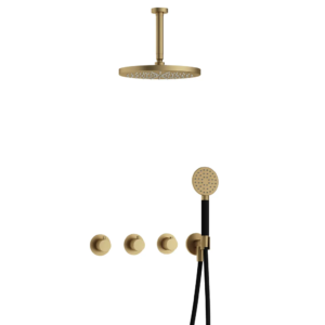 Hotbath Cobber IBS70 inbouw regendoucheset met ronde handdouche aan houder en 30cm ronde hoofddouche aan 15cm plafondarm geborsteld messing - Loodgieter in hengelo