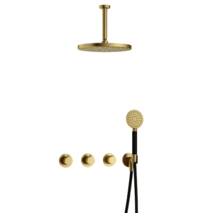 Hotbath Cobber IBS70 inbouw regendoucheset met ronde handdouche aan houder en 30cm ronde hoofddouche aan 15cm plafondarm geborsteld messing PVD - Loodgieter in hengelo