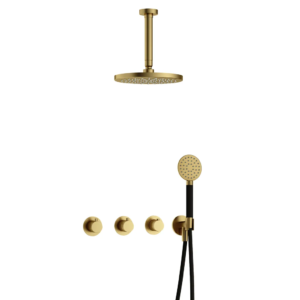 Hotbath Cobber IBS70 inbouw regendoucheset met ronde handdouche aan houder en 20cm ronde hoofddouche aan 15cm plafondarm geborsteld messing PVD - Loodgieter in hengelo