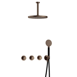 Hotbath Cobber IBS70 inbouw regendoucheset met ronde handdouche aan houder en 30cm ronde hoofddouche aan 15cm plafondarm verouderd messing - Loodgieter in hengelo