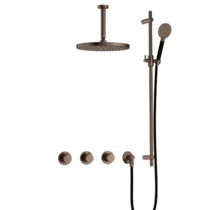 Hotbath Cobber IBS70 inbouw regendoucheset met ronde handdouche aan houder en 30cm ronde hoofddouche aan 15cm plafondarm verouderd messing - Loodgieter in hengelo
