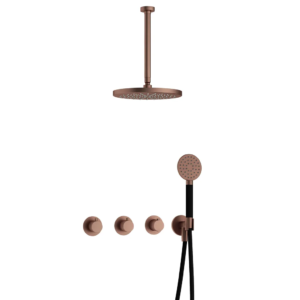 Hotbath Cobber IBS70 inbouw regendoucheset met ronde handdouche aan houder en 30cm ronde hoofddouche aan 30cm plafondarm geborsteld koper PVD - Loodgieter in hengelo