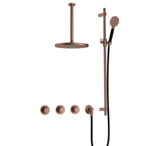 Hotbath Cobber IBS70 inbouw regendoucheset met ronde handdouche aan houder en 30cm ronde hoofddouche aan 30cm plafondarm geborsteld koper PVD - Loodgieter in hengelo