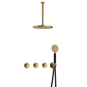 Hotbath Cobber IBS70 inbouw regendoucheset met ronde handdouche aan houder en 30cm ronde hoofddouche aan 30cm plafondarm geborsteld messing - Loodgieter in hengelo