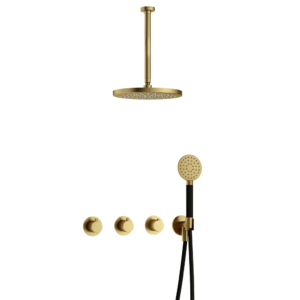 Hotbath Cobber IBS70 inbouw regendoucheset met ronde handdouche aan houder en 30cm ronde hoofddouche aan 30cm plafondarm geborsteld messing PVD - Loodgieter in hengelo
