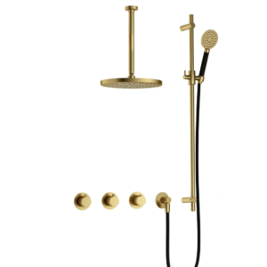 Hotbath Cobber IBS70 inbouw regendoucheset met ronde handdouche aan houder en 30cm ronde hoofddouche aan 30cm plafondarm geborsteld messing PVD - Loodgieter in hengelo
