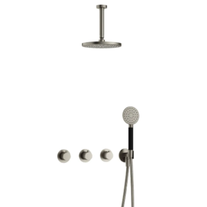 Hotbath Cobber IBS70 inbouw regendoucheset met ronde handdouche aan houder en 20cm ronde hoofddouche aan 15cm plafondarm geborsteld nikkel - Loodgieter in hengelo