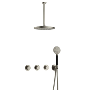 Hotbath Cobber IBS70 inbouw regendoucheset met ronde handdouche aan houder en 30cm ronde hoofddouche aan 30cm plafondarm geborsteld nikkel - Loodgieter in hengelo