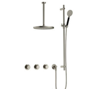 Hotbath Cobber IBS70 inbouw regendoucheset met ronde handdouche aan houder en 30cm ronde hoofddouche aan 30cm plafondarm geborsteld nikkel - Loodgieter in hengelo