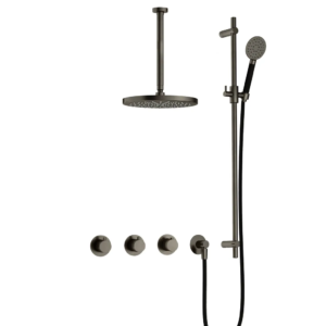 Hotbath Cobber IBS70 inbouw regendoucheset met ronde handdouche aan houder en 30cm ronde hoofddouche aan 30cm plafondarm verouderd ijzer - Loodgieter in hengelo