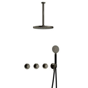 Hotbath Cobber IBS70 inbouw regendoucheset met ronde handdouche aan houder en 30cm ronde hoofddouche aan 30cm plafondarm verouderd ijzer - Loodgieter in hengelo