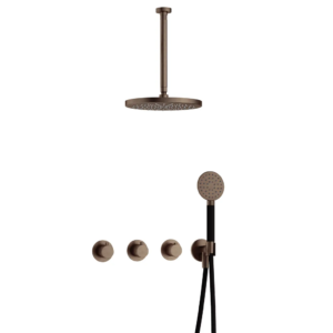 Hotbath Cobber IBS70 inbouw regendoucheset met ronde handdouche aan houder en 30cm ronde hoofddouche aan 30cm plafondarm verouderd messing - Loodgieter in hengelo