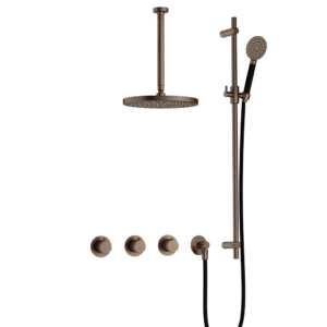 Hotbath Cobber IBS70 inbouw regendoucheset met ronde handdouche aan houder en 30cm ronde hoofddouche aan 30cm plafondarm verouderd messing - Loodgieter in hengelo
