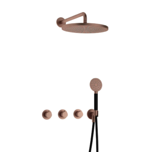 Hotbath Cobber IBS70 inbouw regendoucheset met ronde handdouche aan houder en 30cm ronde hoofddouche aan 40cm wandarm geborsteld koper PVD - Loodgieter in hengelo