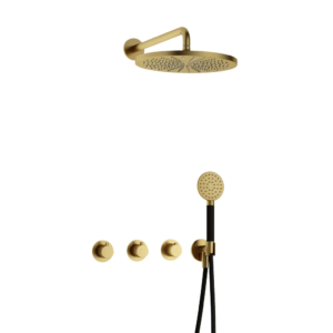 Hotbath Cobber IBS70 inbouw regendoucheset met ronde handdouche aan houder en 30cm ronde hoofddouche aan 40cm wandarm geborsteld messing PVD - Loodgieter in hengelo