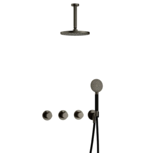 Hotbath Cobber IBS70 inbouw regendoucheset met ronde handdouche aan houder en 20cm ronde hoofddouche aan 15cm plafondarm verouderd ijzer - Loodgieter in hengelo