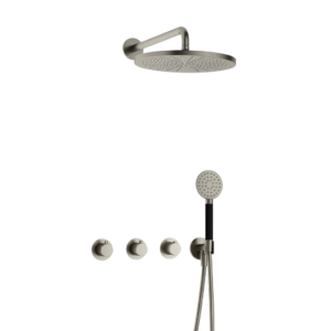 Hotbath Cobber IBS70 inbouw regendoucheset met ronde handdouche aan houder en 30cm ronde hoofddouche aan 40cm wandarm geborsteld nikkel - Loodgieter in hengelo