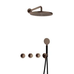 Hotbath Cobber IBS70 inbouw regendoucheset met ronde handdouche aan houder en 30cm ronde hoofddouche aan 40cm wandarm verouderd messing - Loodgieter in hengelo