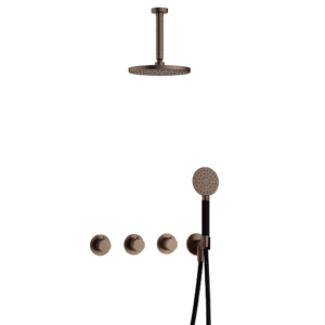 Hotbath Cobber IBS70 inbouw regendoucheset met ronde handdouche aan houder en 20cm ronde hoofddouche aan 15cm plafondarm verouderd messing - Loodgieter in hengelo