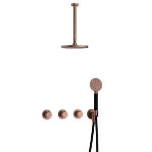Hotbath Cobber IBS70 inbouw regendoucheset met ronde handdouche aan houder en 20cm ronde hoofddouche aan 30cm plafondarm geborsteld koper PVD - Loodgieter in hengelo