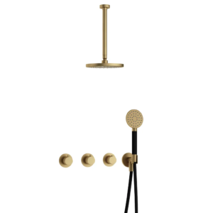 Hotbath Cobber IBS70 inbouw regendoucheset met ronde handdouche aan houder en 20cm ronde hoofddouche aan 30cm plafondarm geborsteld messing - Loodgieter in hengelo