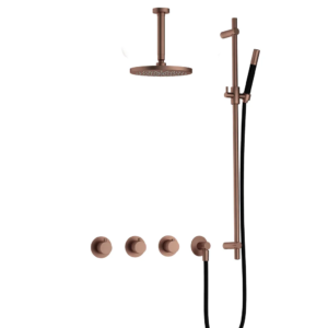 Hotbath Cobber IBS70 inbouw regendoucheset met staafhanddouche aan glijstang en 20cm ronde hoofddouche aan 15cm plafondarm geborsteld koper PVD - Loodgieter in hengelo