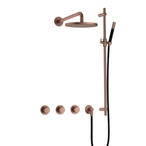 Hotbath Cobber IBS70 inbouw regendoucheset met staafhanddouche aan glijstang en 20cm ronde hoofddouche aan 40cm wandarm geborsteld koper PVD - Loodgieter in hengelo