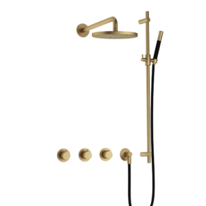 Hotbath Cobber IBS70 inbouw regendoucheset met staafhanddouche aan glijstang en 20cm ronde hoofddouche aan 40cm wandarm geborsteld messing - Loodgieter in hengelo
