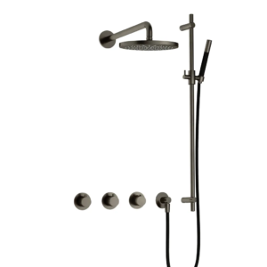 Hotbath Cobber IBS70 inbouw regendoucheset met staafhanddouche aan glijstang en 20cm ronde hoofddouche aan 40cm wandarm verouderd ijzer - Loodgieter in hengelo