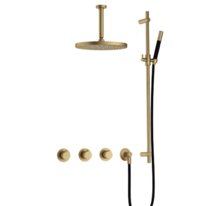 Hotbath Cobber IBS70 inbouw regendoucheset met staafhanddouche aan glijstang en 30cm ronde hoofddouche aan 15cm plafondarm geborsteld messing - Loodgieter in hengelo