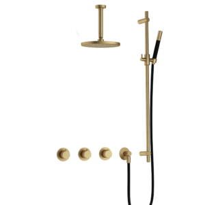 Hotbath Cobber IBS70 inbouw regendoucheset met staafhanddouche aan glijstang en 20cm ronde hoofddouche aan 15cm plafondarm geborsteld messing - Loodgieter in hengelo