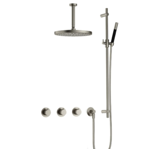 Hotbath Cobber IBS70 inbouw regendoucheset met staafhanddouche aan glijstang en 30cm ronde hoofddouche aan 15cm plafondarm geborsteld nikkel - Loodgieter in hengelo