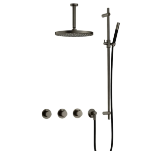 Hotbath Cobber IBS70 inbouw regendoucheset met staafhanddouche aan glijstang en 30cm ronde hoofddouche aan 15cm plafondarm verouderd ijzer - Loodgieter in hengelo