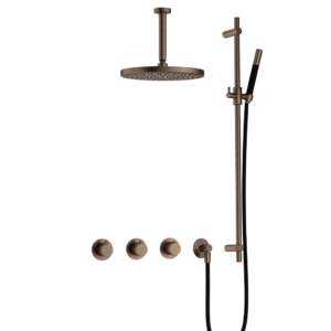 Hotbath Cobber IBS70 inbouw regendoucheset met staafhanddouche aan glijstang en 30cm ronde hoofddouche aan 15cm plafondarm verouderd messing - Loodgieter in hengelo