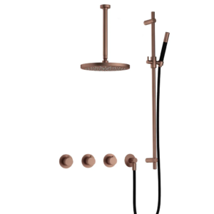 Hotbath Cobber IBS70 inbouw regendoucheset met staafhanddouche aan glijstang en 30cm ronde hoofddouche aan 30cm plafondarm geborsteld koper PVD - Loodgieter in hengelo