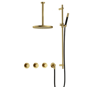 Hotbath Cobber IBS70 inbouw regendoucheset met staafhanddouche aan glijstang en 30cm ronde hoofddouche aan 30cm plafondarm geborsteld messing PVD - Loodgieter in hengelo