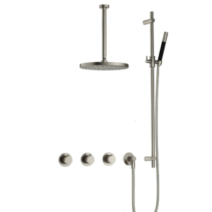 Hotbath Cobber IBS70 inbouw regendoucheset met staafhanddouche aan glijstang en 30cm ronde hoofddouche aan 30cm plafondarm geborsteld nikkel - Loodgieter in hengelo