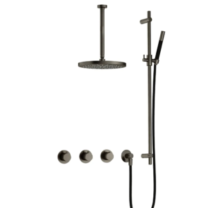 Hotbath Cobber IBS70 inbouw regendoucheset met staafhanddouche aan glijstang en 30cm ronde hoofddouche aan 30cm plafondarm verouderd ijzer - Loodgieter in hengelo