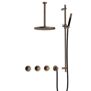 Hotbath Cobber IBS70 inbouw regendoucheset met staafhanddouche aan glijstang en 30cm ronde hoofddouche aan 30cm plafondarm verouderd messing - Loodgieter in hengelo