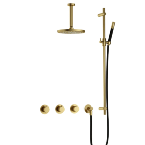Hotbath Cobber IBS70 inbouw regendoucheset met staafhanddouche aan glijstang en 20cm ronde hoofddouche aan 15cm plafondarm geborsteld messing PVD - Loodgieter in hengelo